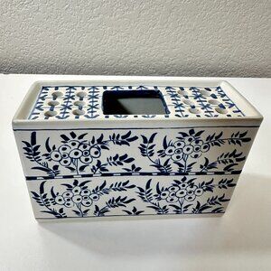 Vintage Delft Flower Brick Mimosa Blue & White Floral Frog Vase Holland EUC